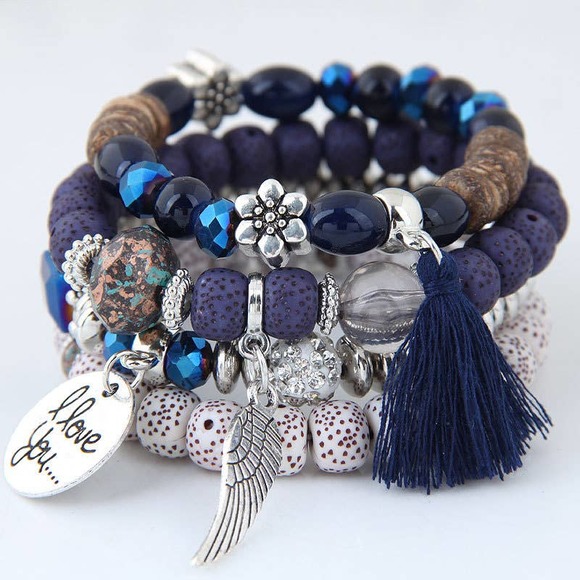 Private Label Jewelry - Gorgeous Blue Tassel and Wings Multilayered BOHO 4pc Bracelet Set~~MIP